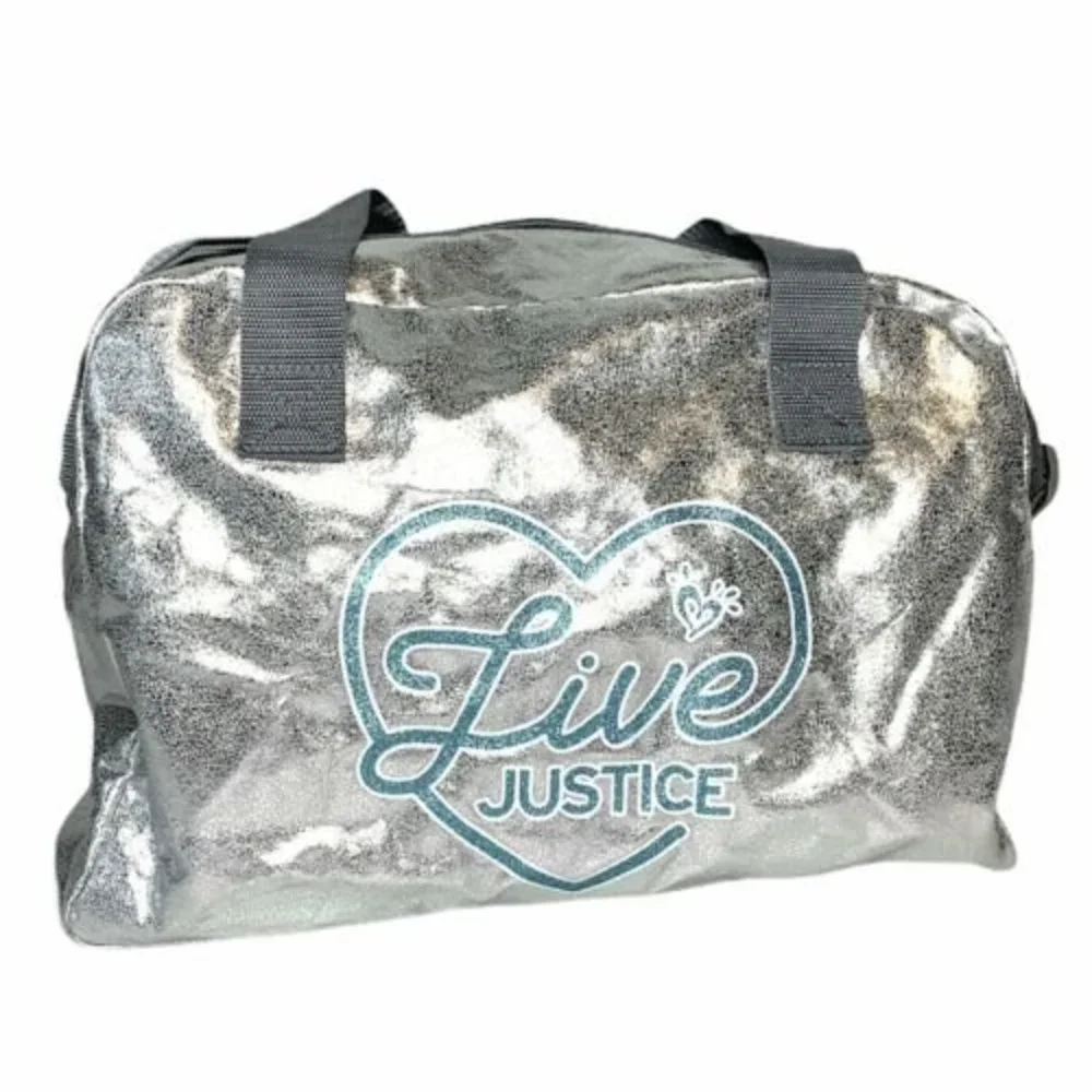 NWOT JUSTICE LIVE Silver Duffel Tote Bag‎ Gymnastics Dance Cheer Girl